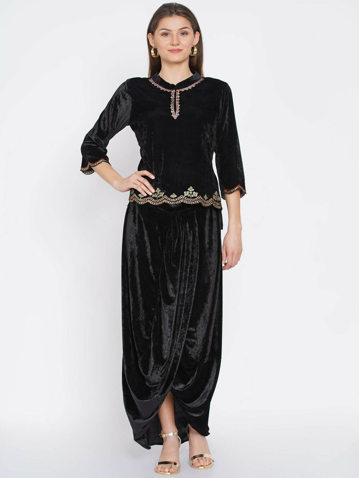 Women Republic Black Velvet Embroiderd Koti With Dhoti Pants | Grocsy