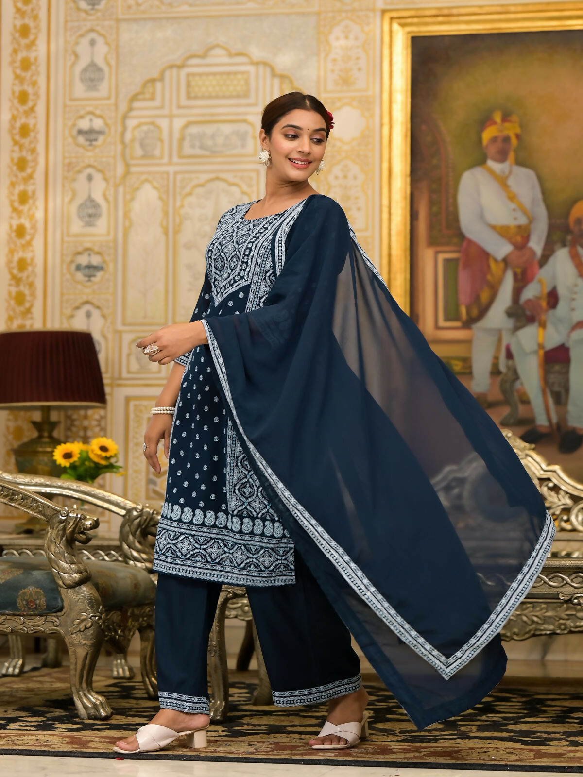 Juniper Women's Navy Ethnic Motif Printed Georgette Kurta Pant And Dupatta Set With Sequins & Beads | Grocsy