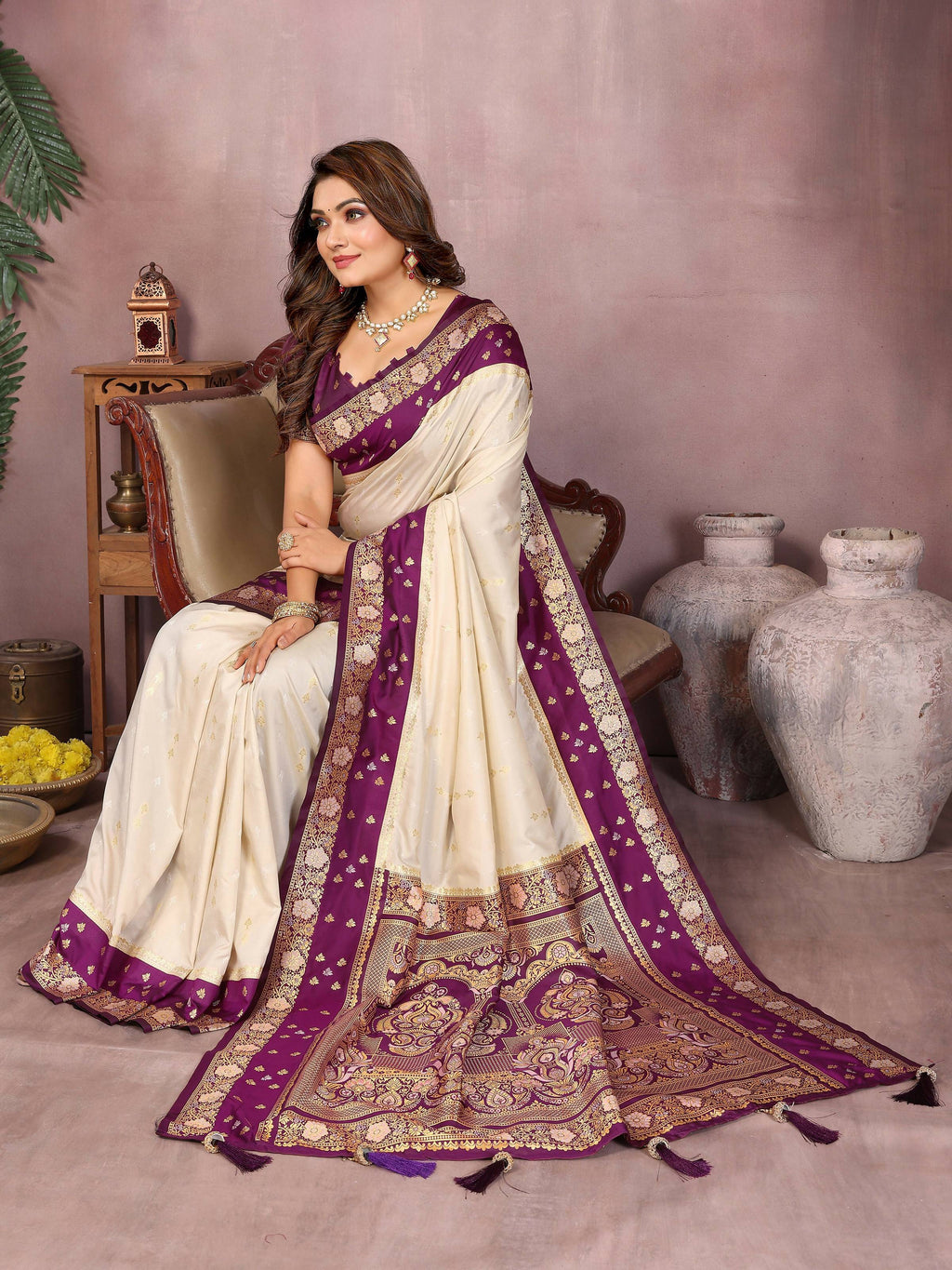 Aastha Fashion Cream Kalamkari Silk Zari Woven Saree | Grocsy