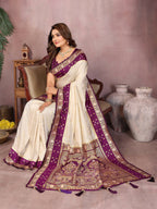 Aastha Fashion Cream Kalamkari Silk Zari Woven Saree | Grocsy