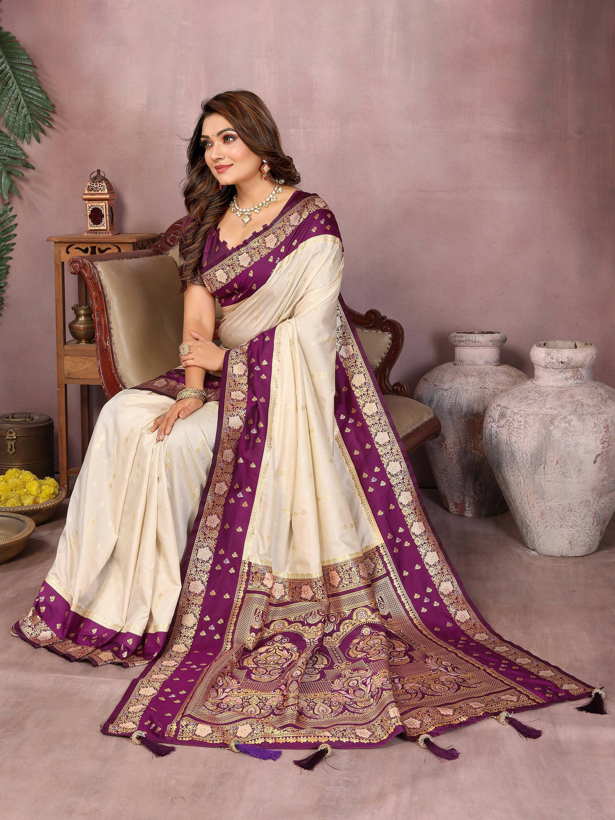Aastha Fashion Cream Kalamkari Silk Zari Woven Saree | Grocsy