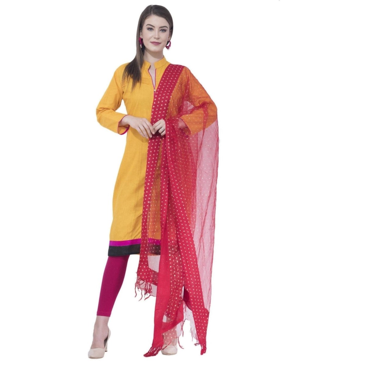 A R Silk Women's Gold Print Orgenza Cotton Mehroon Dupattas and Chunnis | Grocsy
