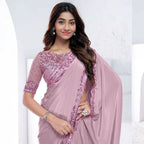 Mauve Pure Crepe Silk Sequence With Hand Work Saree With Unstitched Blouse - Norita Swaraa | Grocsy