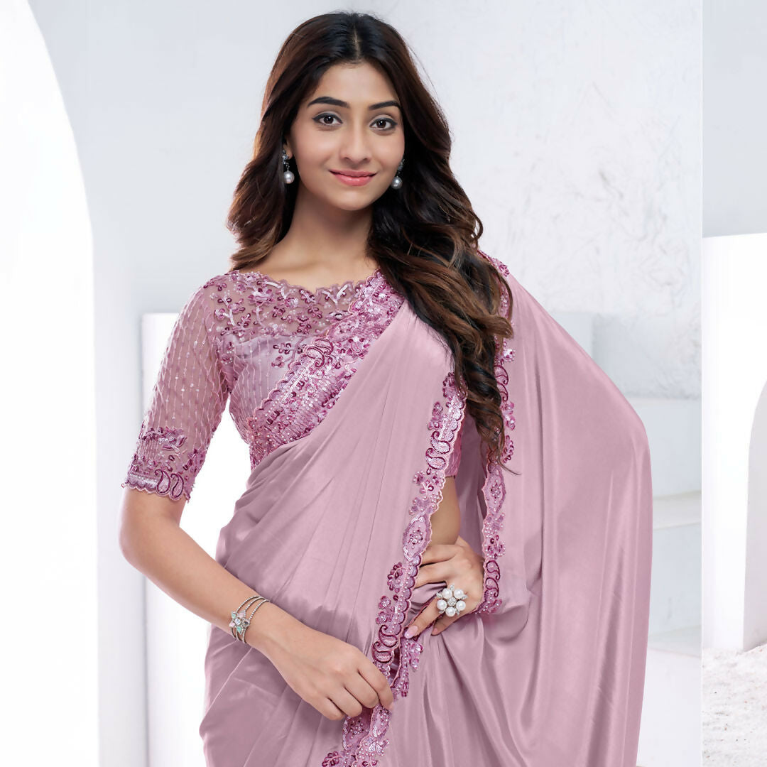 Mauve Pure Crepe Silk Sequence With Hand Work Saree With Unstitched Blouse - Norita Swaraa | Grocsy
