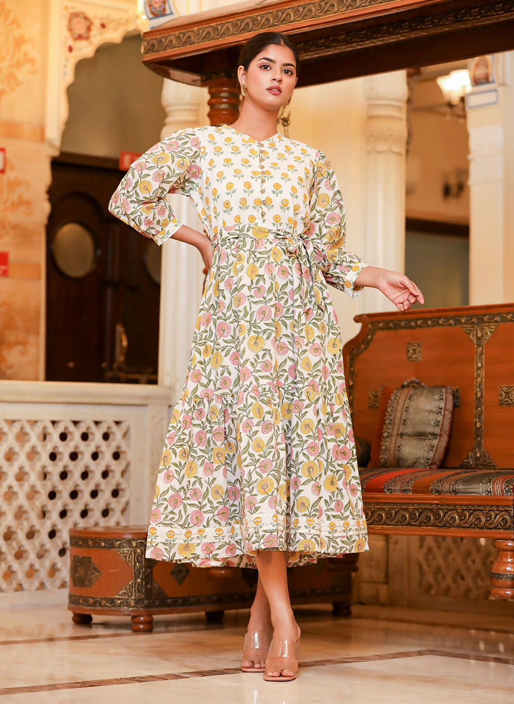 Kaajh Women's White-Pink Floral Print Handblock Dress | Grocsy