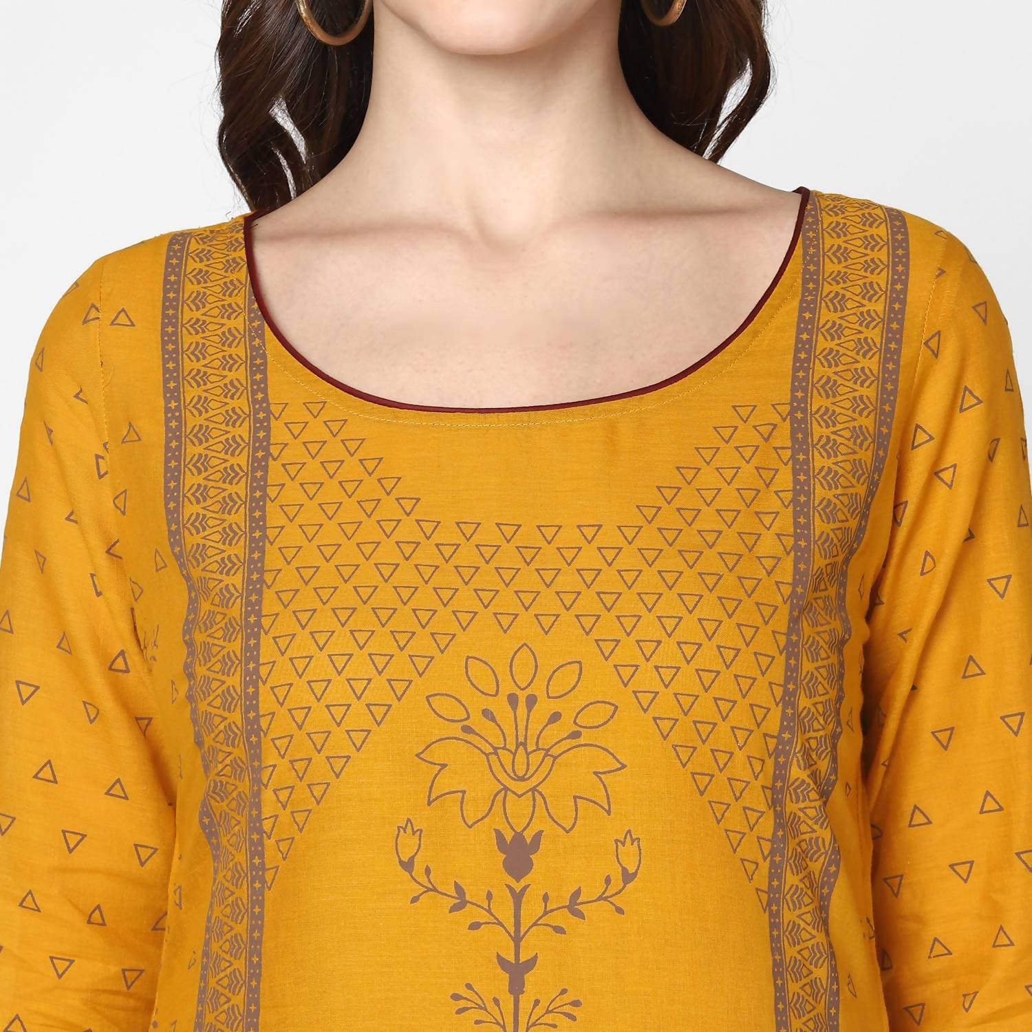 Cheera Hand Block Print Mustard Straight Kurta (MAAI-045K) | Grocsy