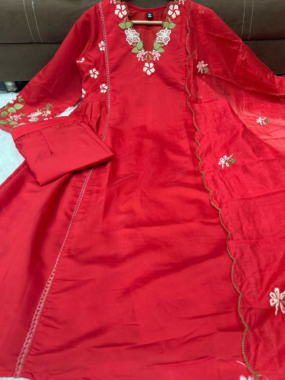 Teeya Creation Designer Red Ethnic Suit Set With Floral Hand-Embroidered Borders Dupatta | Grocsy