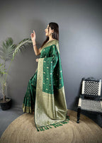Joban Fashion Green Zari Weaving Motif Lichi Silk Banarasi Silk Saree | Grocsy