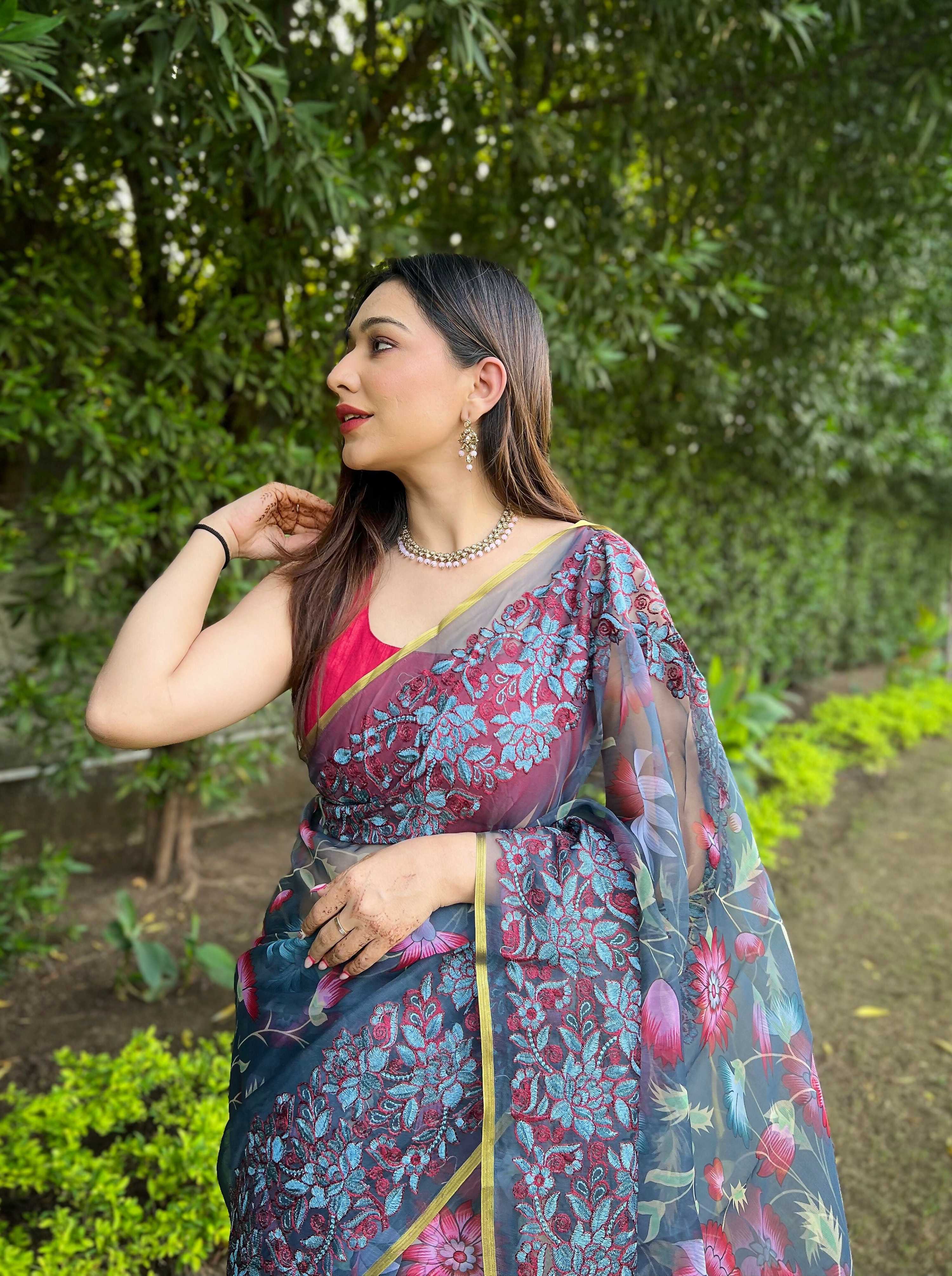 Vamsee Bavari Grey Organza Saree | Grocsy
