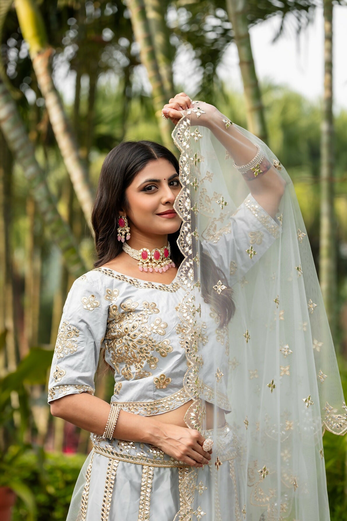 Eilara Glamorous Women'S Grey Zari With Paper Mirror Embroidered Net Fabric Lehenga Choli | Grocsy