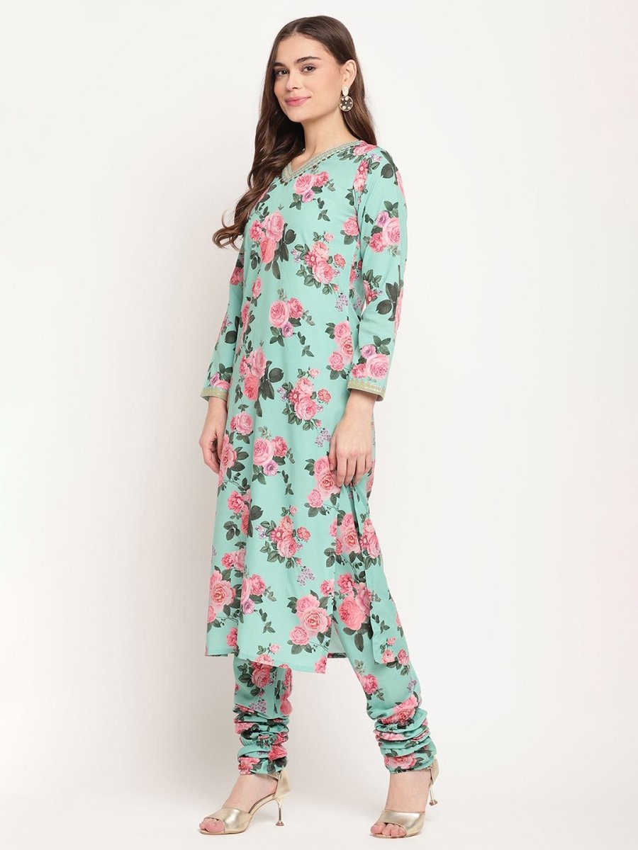 Ahalyaa Women Green Floral Printed Regular Kurta Churidar Set & With Dupatta | Grocsy