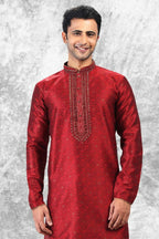 Raivat Ethnic Jacquard Silk Brocade Mirror and Thread Work Kurta Pajama In Maroon Colour | Grocsy