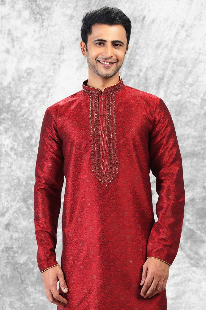 Raivat Ethnic Jacquard Silk Brocade Mirror and Thread Work Kurta Pajama In Maroon Colour | Grocsy