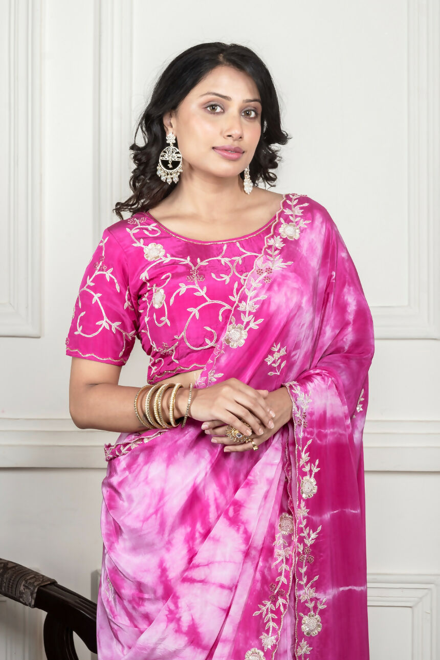 Morchari Pink Crepe Hand Embroidery Saree And Stitched Blouse | Grocsy