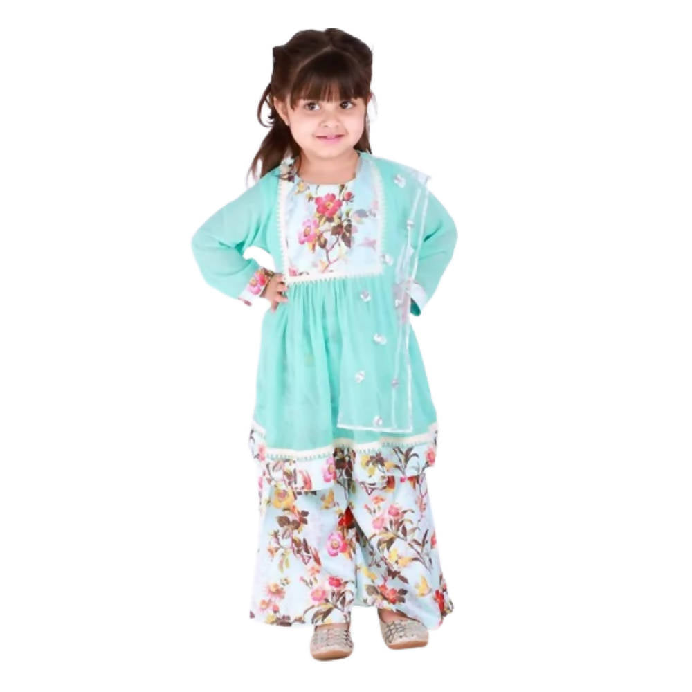 Little Bansi Girls Blue Color Floral print Kurta Frock with Floral Palazzo and Dupatta | Grocsy