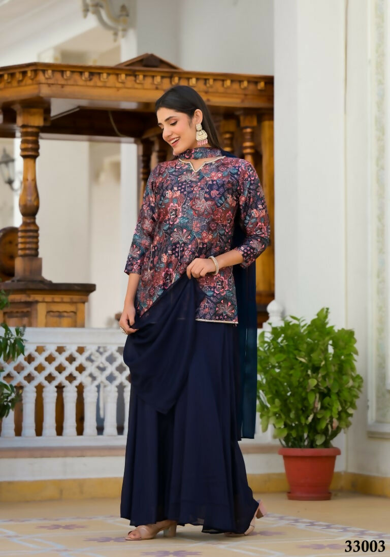 Designer Stylish Navy Blue Dull satin Stitched Suit With Dupatta - Samya | Grocsy