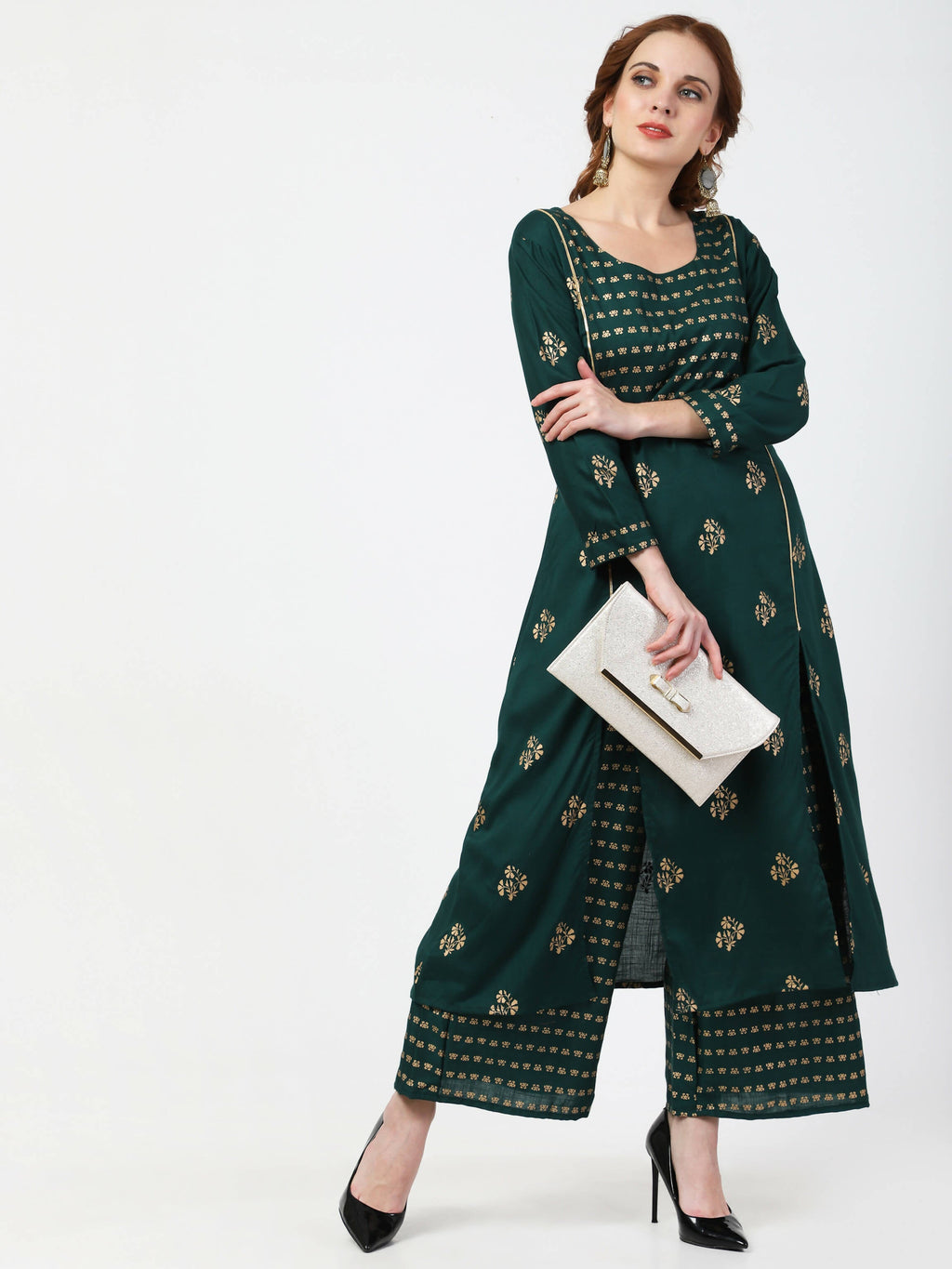 Cheera Embellished Daily Wear Cotton Blend Kurta With Palazoo - Bottle Green | Grocsy
