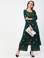 Cheera Embellished Daily Wear Cotton Blend Kurta With Palazoo - Bottle Green | Grocsy