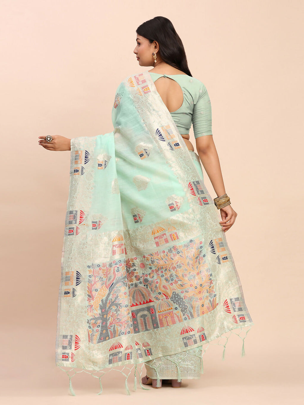 Shree Shyam Fashion Linen Cotton Sea Green Saree | Grocsy