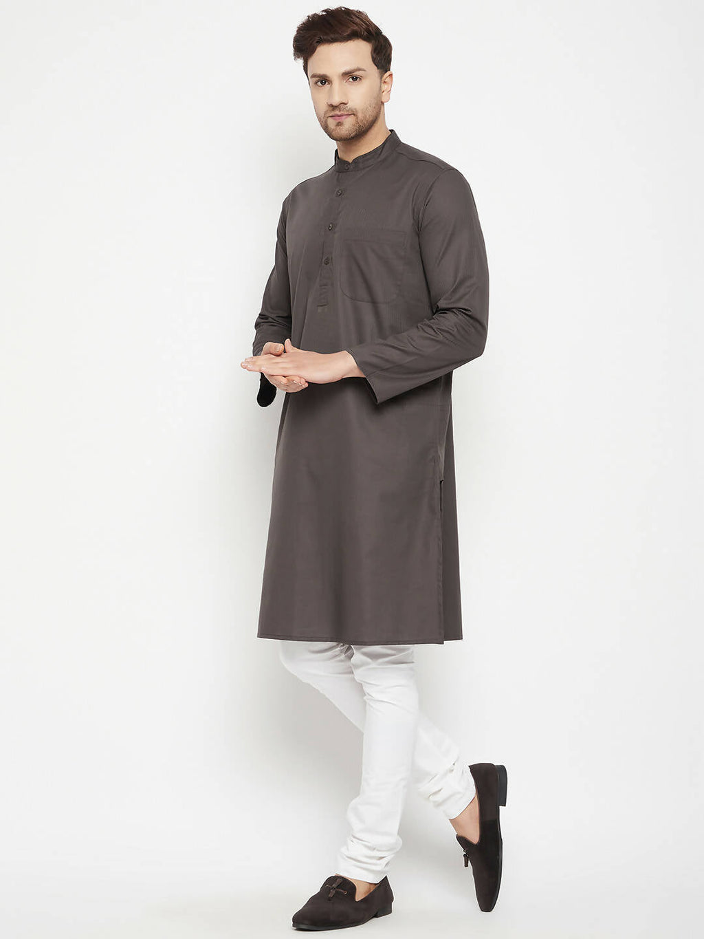 Even Apparels Brown Color Pure Cotton Long Men's Kurta With Band Collar | Grocsy