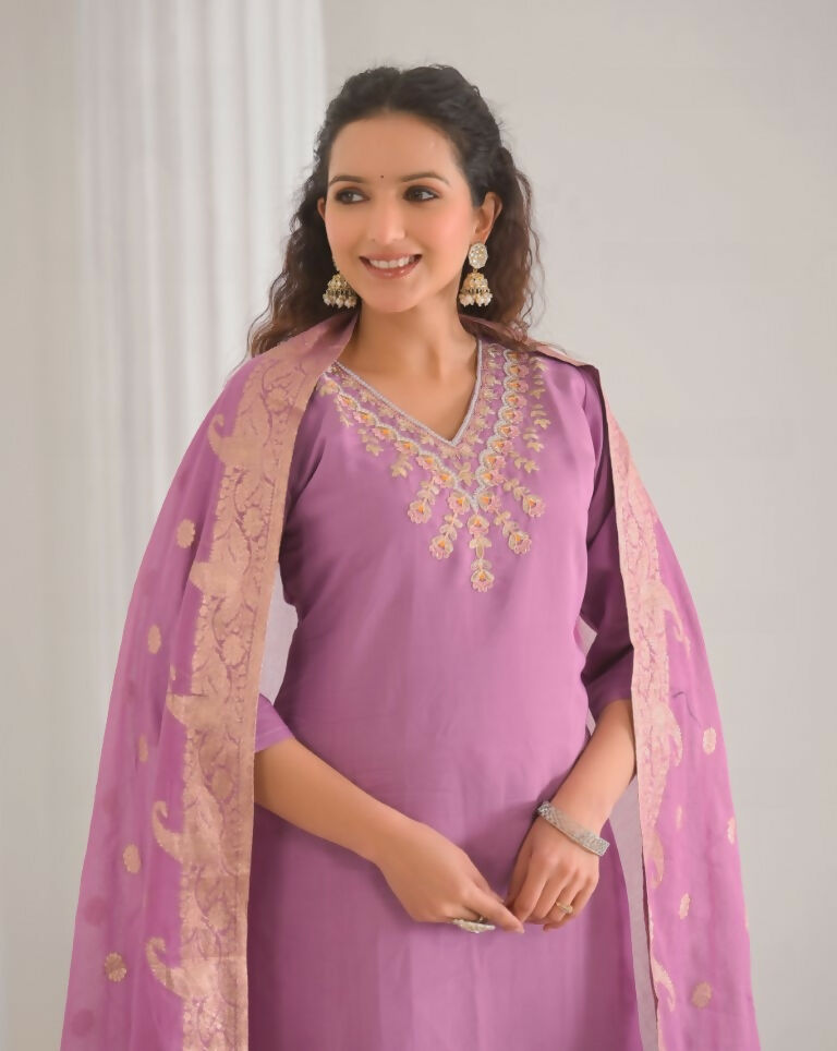 Ethnic Festive Wear Viscose Chanderi Pink Stitched Suit With Dupatta - Tanisha | Grocsy