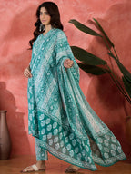 Joban Fashion Printed Teal Pure Cotton Kurta Set | Grocsy