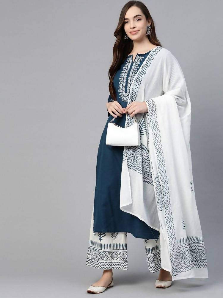 YuftaWomen Navy Blue & White Yoke Design Thread Work Cotton Kurta with Palazzo & Dupatta | Grocsy