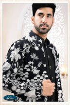 Joban Fashion Men's Black Straight Georgette Thread Embroidery All Over 3 Pc Kurta Set | Grocsy