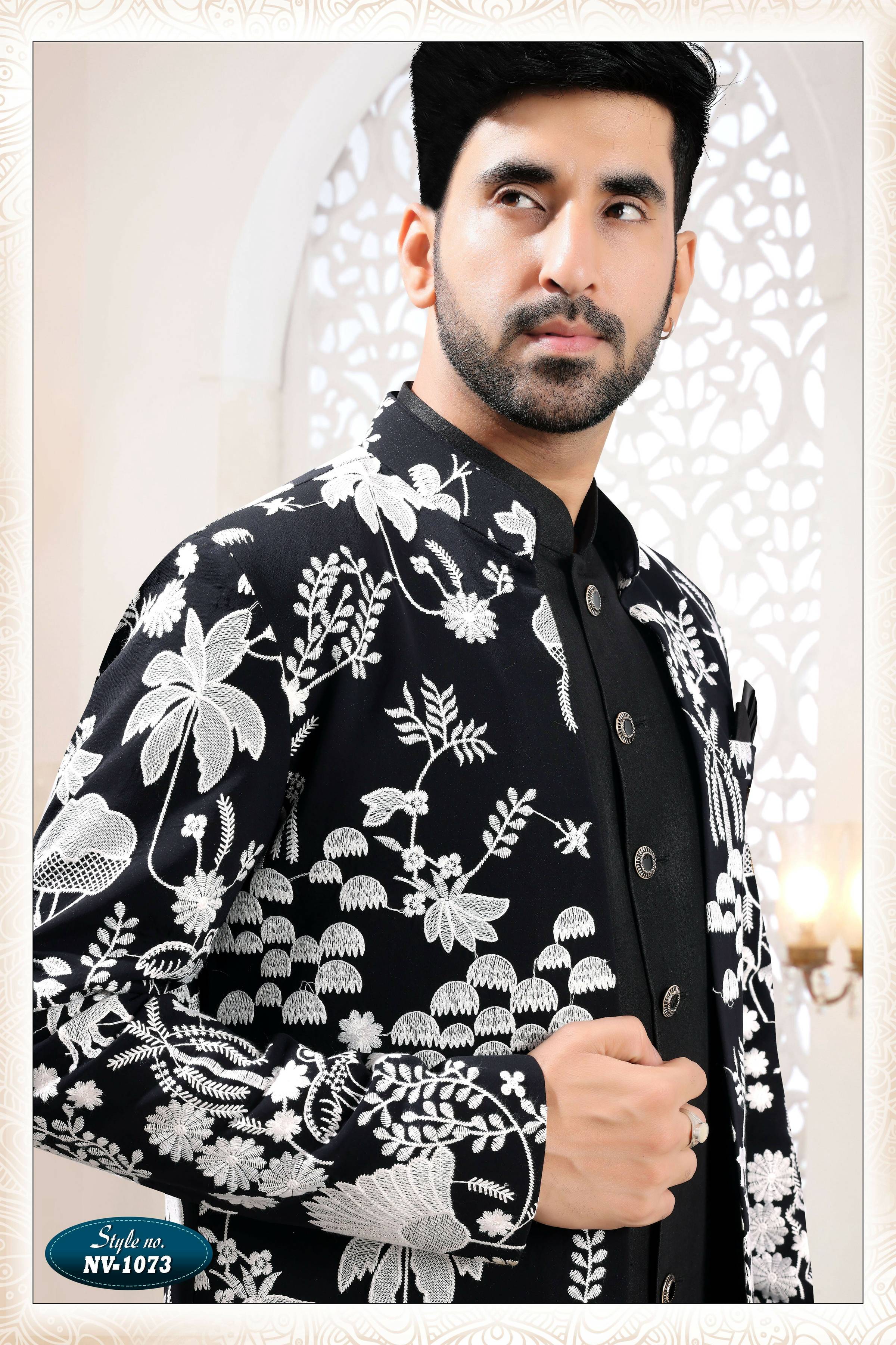 Joban Fashion Men's Black Straight Georgette Thread Embroidery All Over 3 Pc Kurta Set | Grocsy