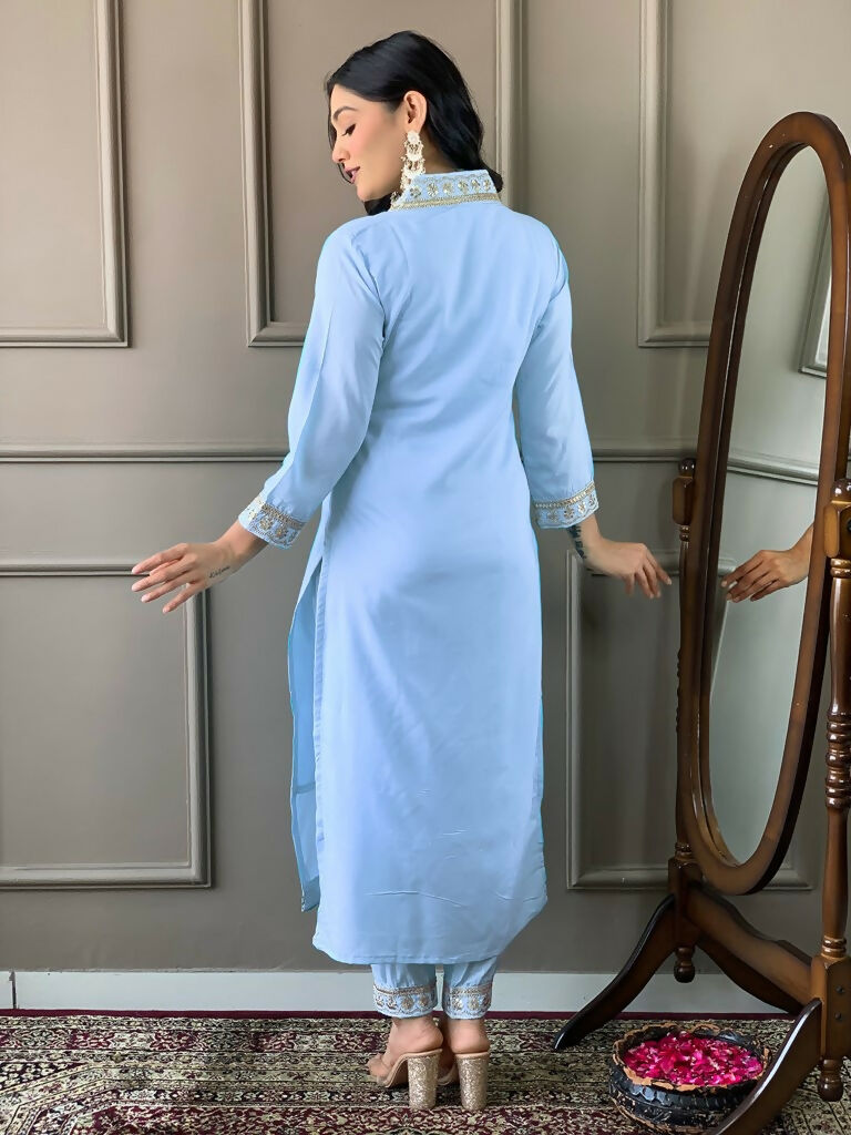 Partywear Designer Viscose Silk Blend Sky Stitched Suit With Dupatta - Tanisha | Grocsy
