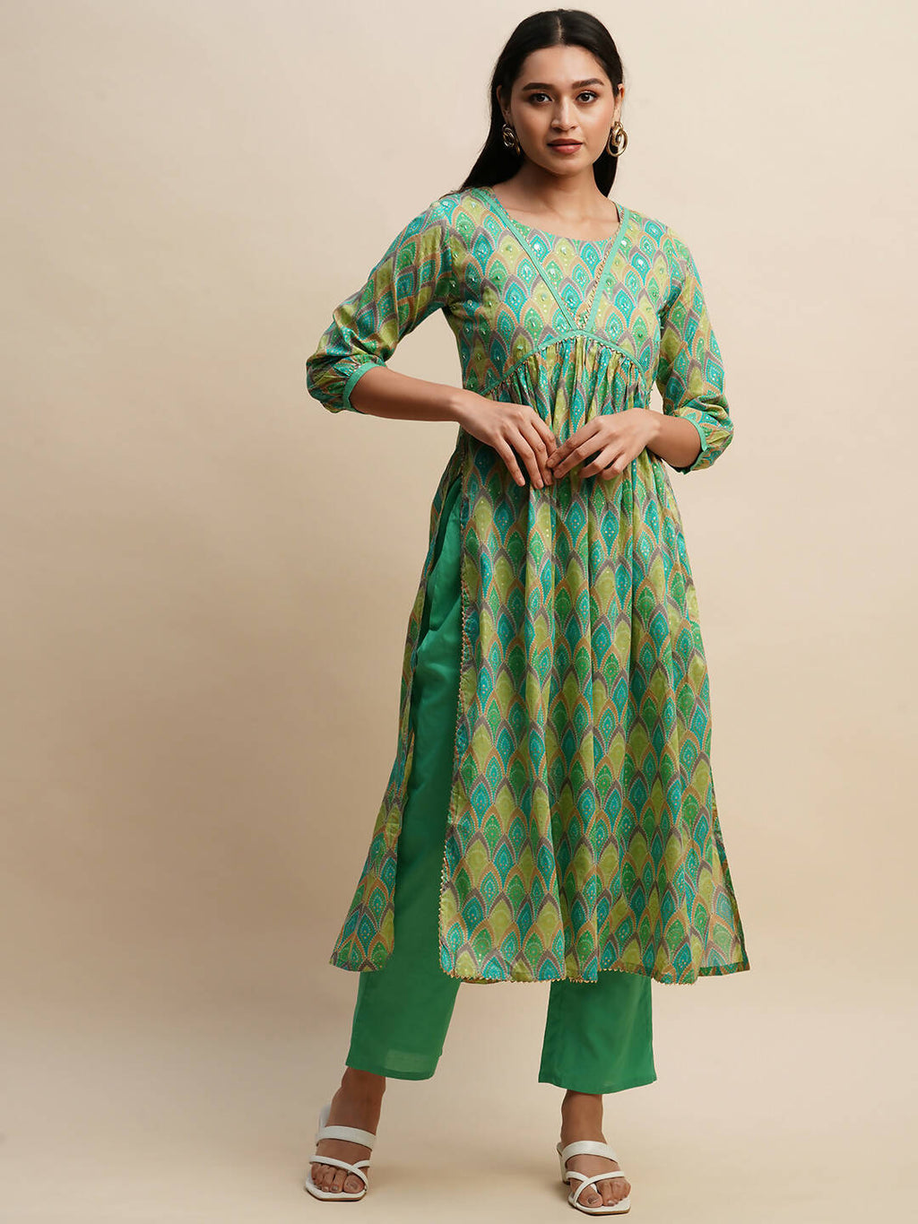 Sea Green Pure Cotton Bandhani Printed Naira Cut Kurta And Bottom With Dupatta - Akashara | Grocsy