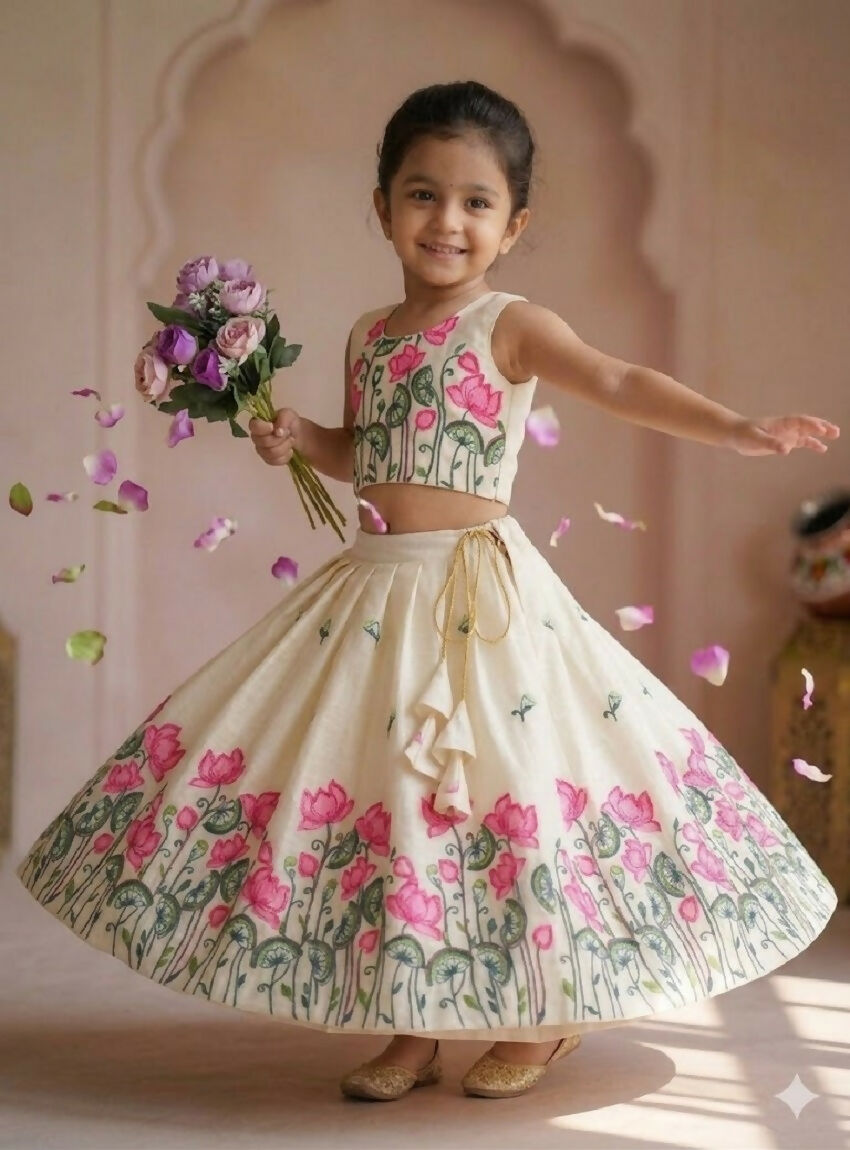 Teeya Creation New Latest Trendy Girls Off-White Lotus Floral Printed Silk Lehenga Choli Set With Tassels-White | Grocsy