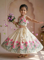 Teeya Creation New Latest Trendy Girls Off-White Lotus Floral Printed Silk Lehenga Choli Set With Tassels-White | Grocsy