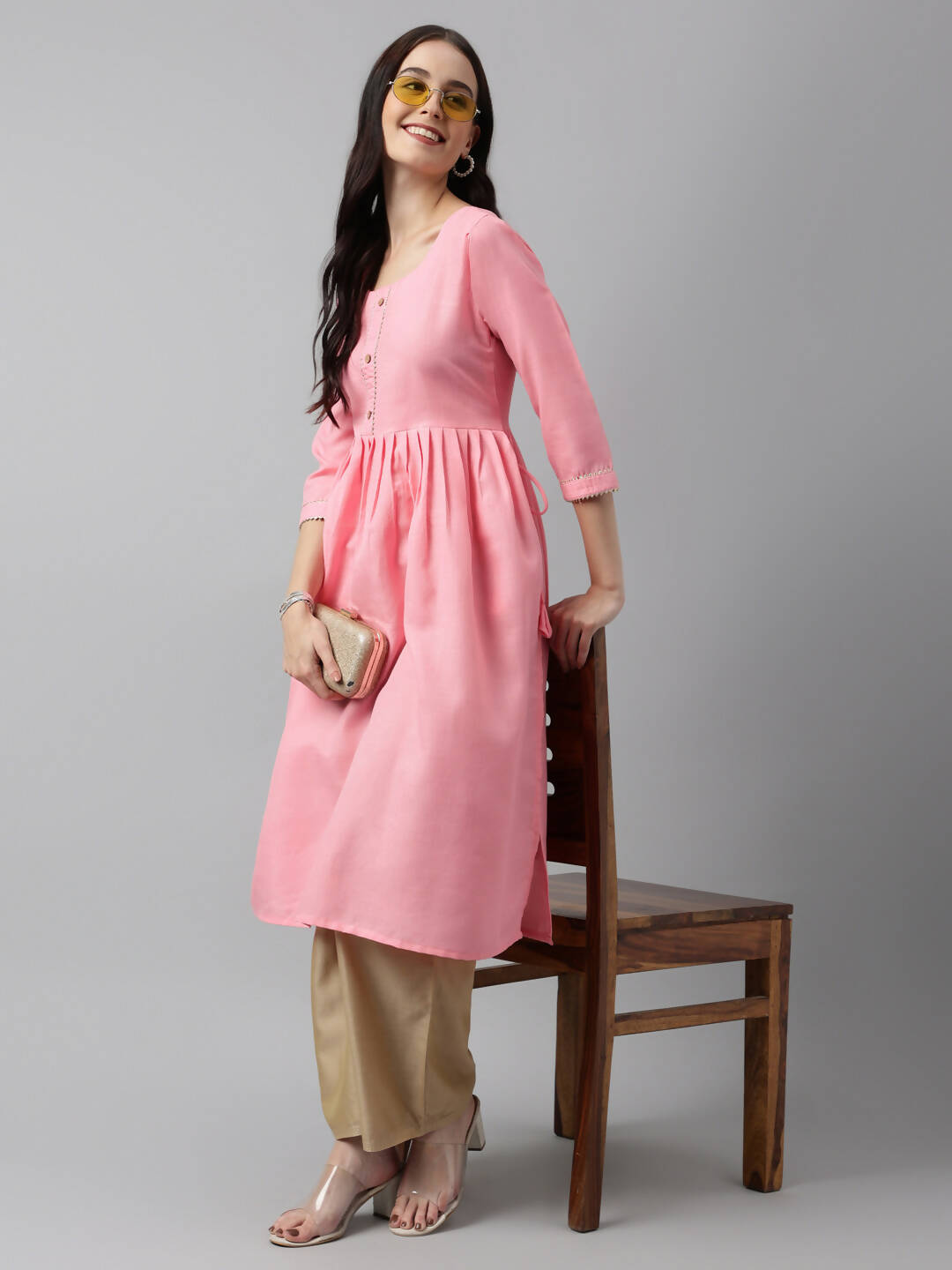 Pink Poly Cotton Solid Nayra Cut Kurta - Tirtha | Grocsy
