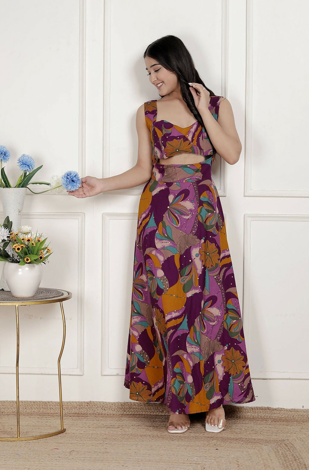 Miravan Womens Purple Pure Cotton Floral Printed Sleeveless Cut Out Western Dress | Grocsy
