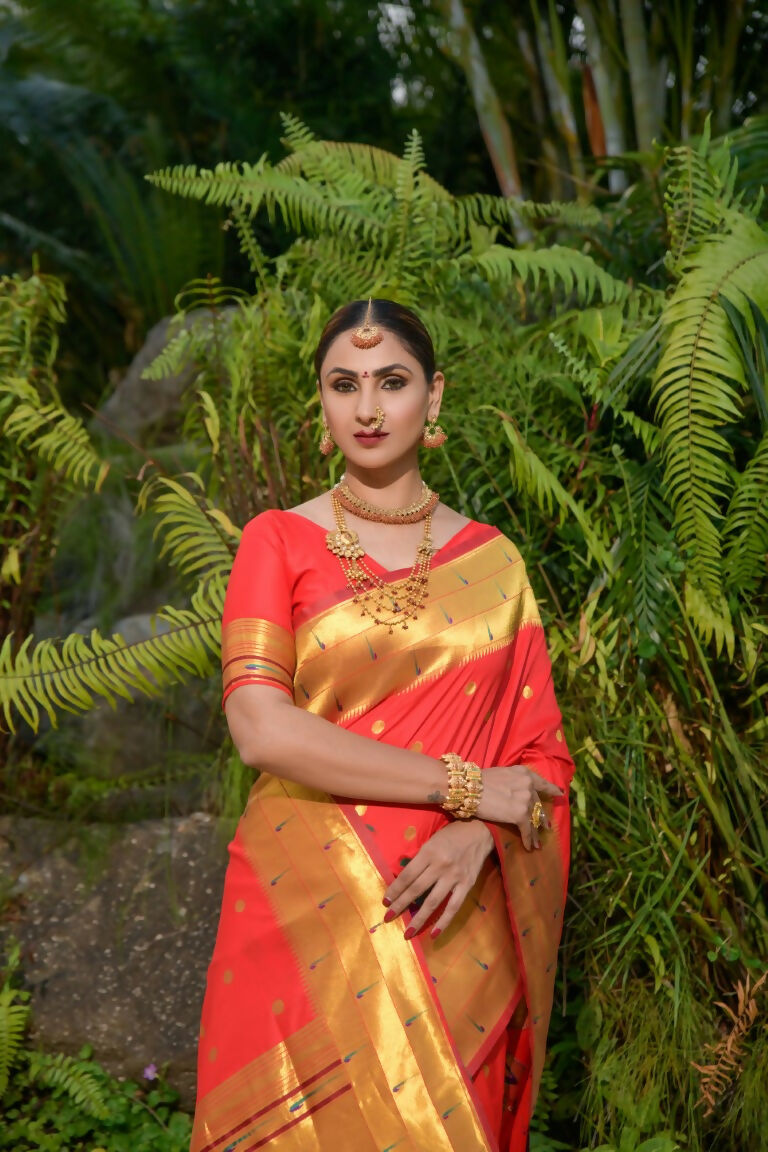 Jyoti Fashion Women's Red Paithani Silk Zari Woven Saree with Blouse | Grocsy