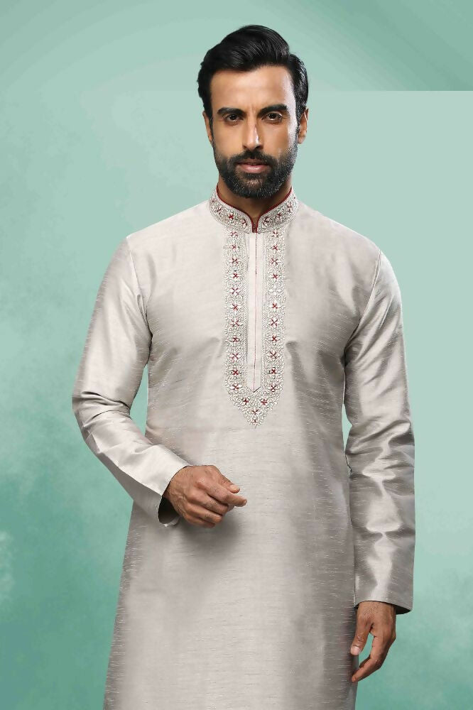 Raivat Ethnic Art Silk Mirror Embroidery Work Kurta Pajama In Grey Colour | Grocsy