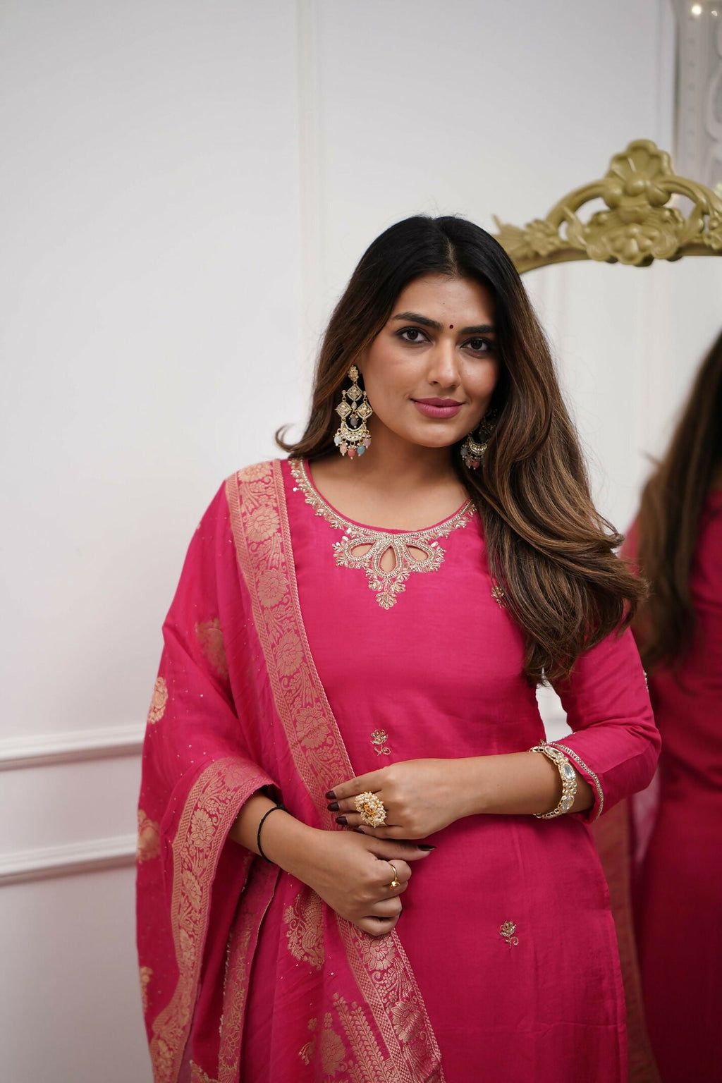 The52 Gajri Women's Gorgeous Embroidered Viscose Chanderi Fabric Straight Kurta Pant with Dupatta Set | Grocsy
