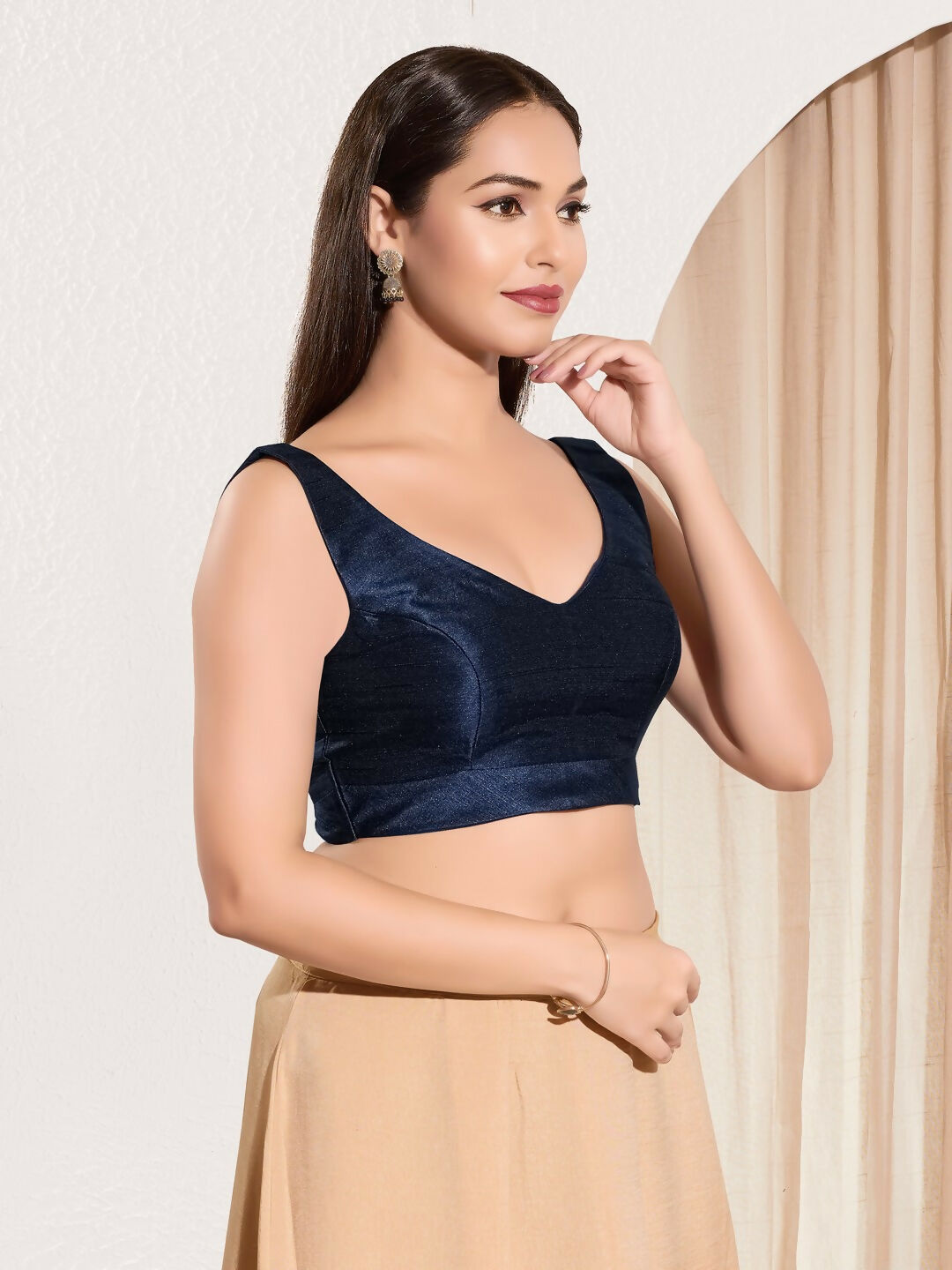 Joban Fashion Navy Blue Mulberry Silk Padded Blouse With Round Neck Sleeveless | Grocsy