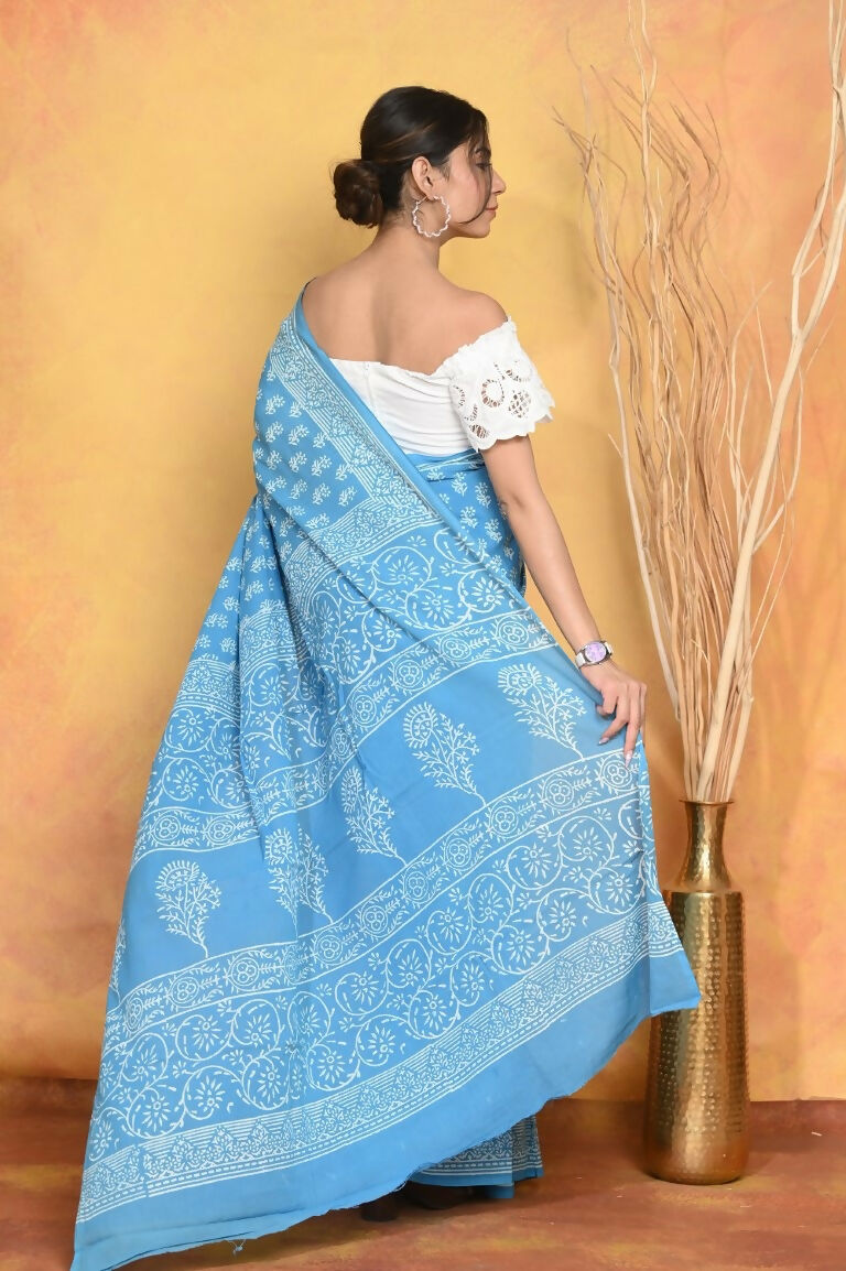 Very Much Indian Handblock Printed Cotton Saree With Natural Dyes - Sky Blue | Grocsy
