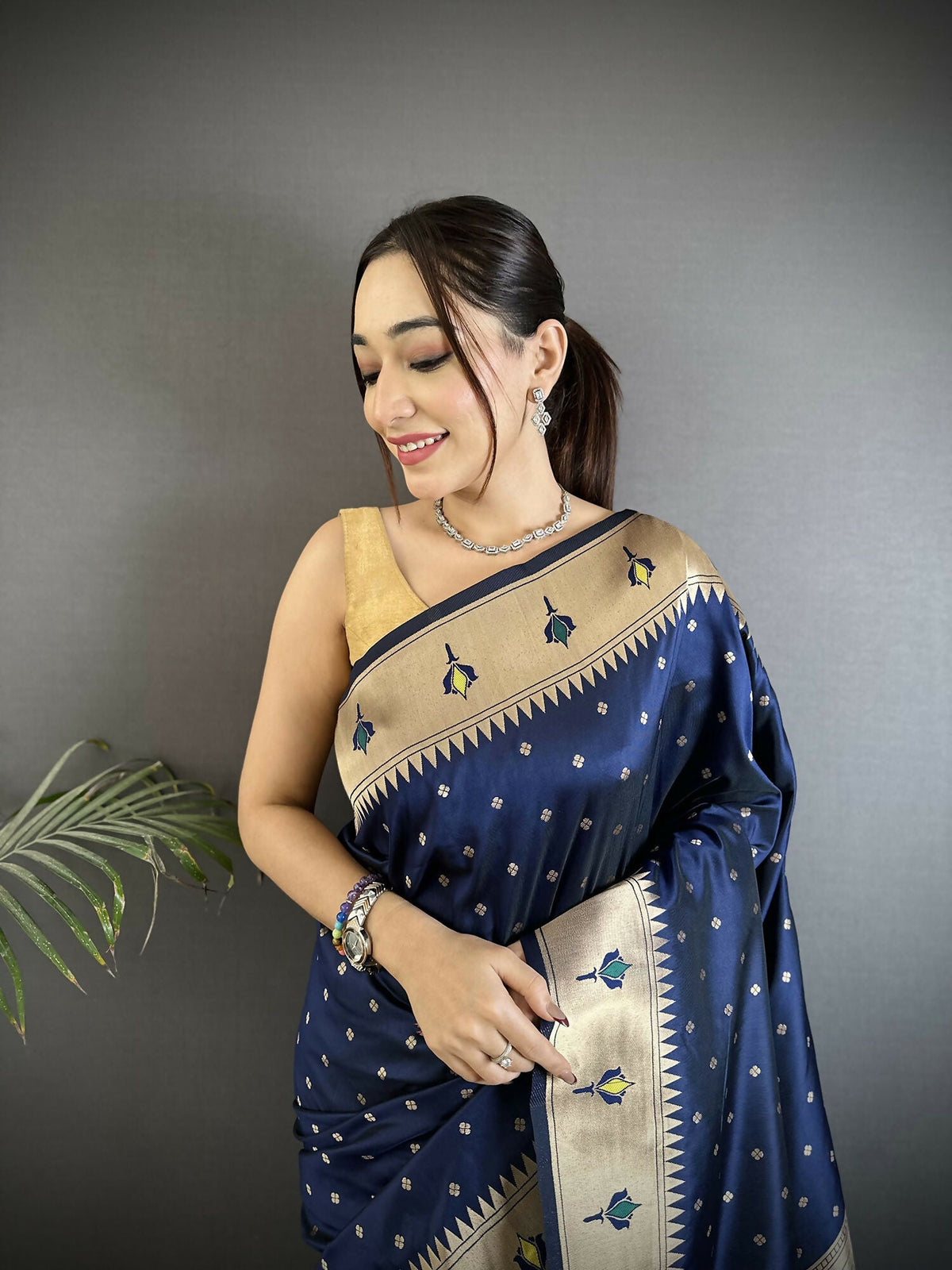 Joban Fashion Dark Blue Peacock & Floral Motifs Soft Lichi Silk Kanchipuram Saree | Grocsy