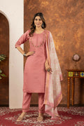 Women's Peach Embroidery Kurta Pant Set With Dupatta by Infinity Export | Grocsy