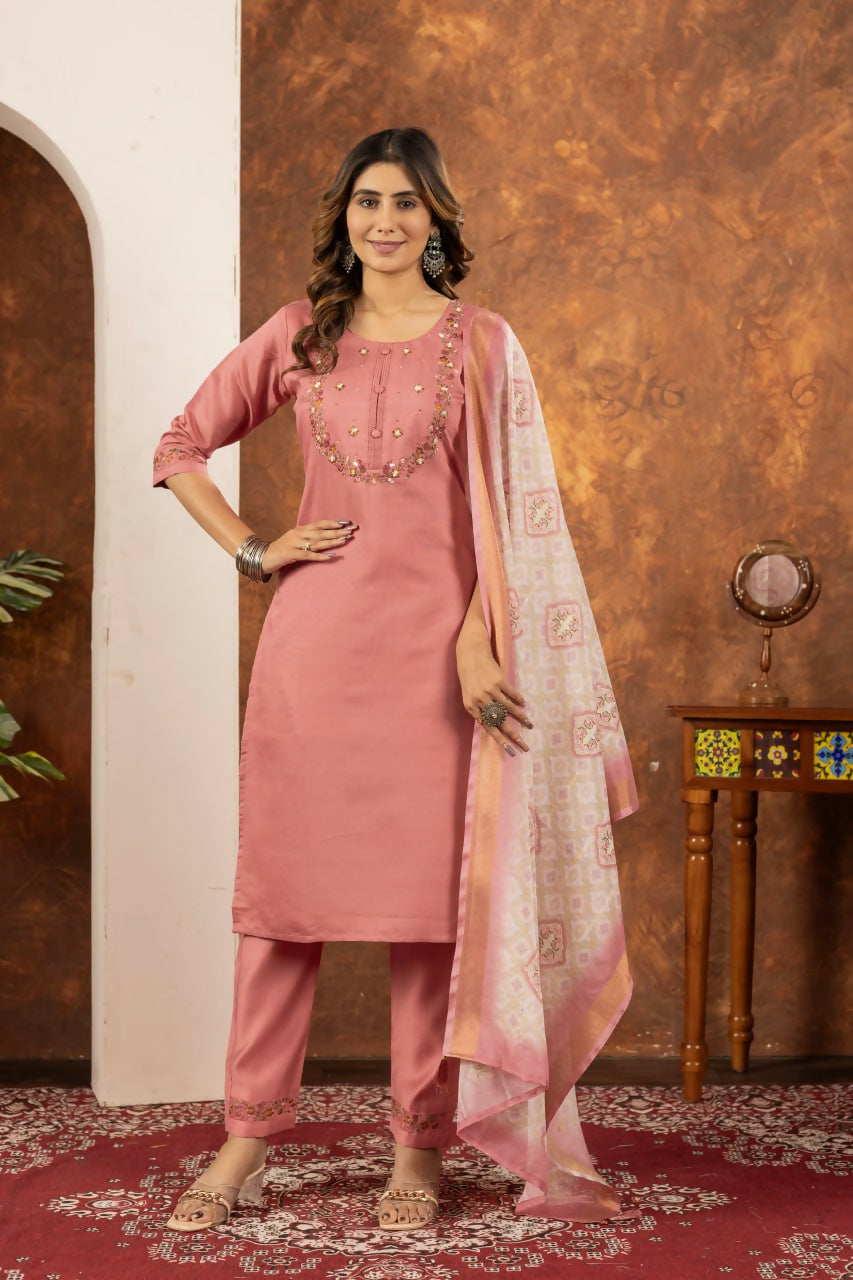Women's Peach Embroidery Kurta Pant Set With Dupatta by Infinity Export | Grocsy