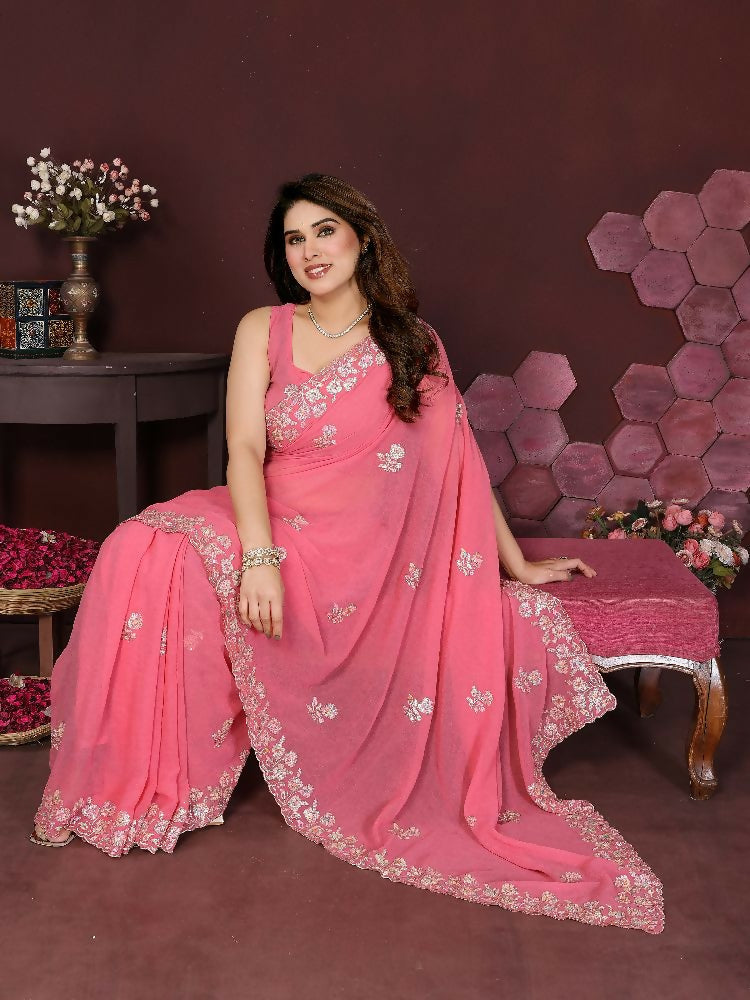 PR Fashion Gajari Georgette Embroidery Work With Embroidery Work Blouse Saree | Grocsy