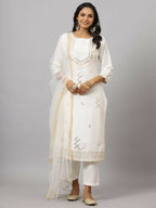 Juniper Women's White Chinnon Solid Embroidered Kurta Set | Grocsy