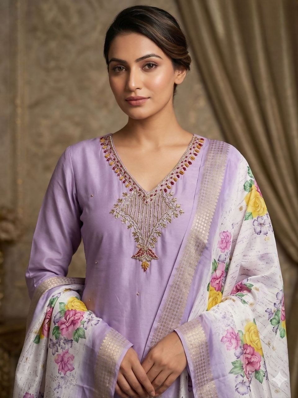 Teeya Creation Womens New Fancy Premium Mul Chanderi Kurta Set - Lavender | Grocsy