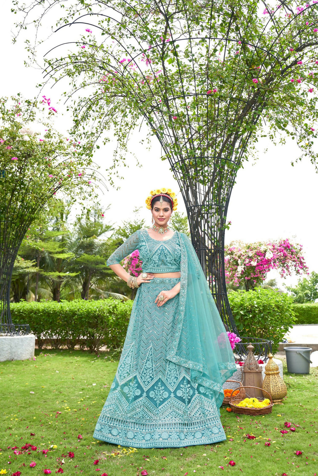 Blue Net Embroidered Semi Stitched Lehenga Choli with Dupatta - Bhagya | Grocsy