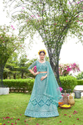 Blue Net Embroidered Semi Stitched Lehenga Choli with Dupatta - Bhagya | Grocsy