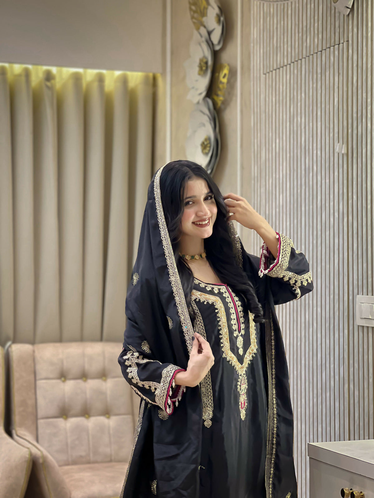 Teeya Creation Black Color Chinon Silk Party Wear Trending Palazzo Set | Grocsy