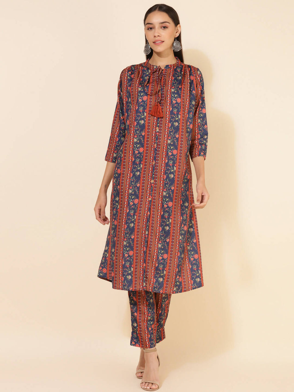 Janasya Women's Blue Crepe Digital Floral Printed Festive A-line Co-ords | Grocsy